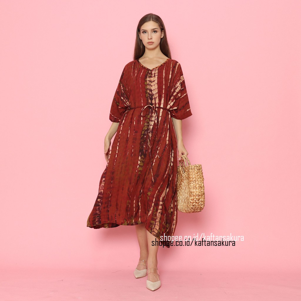 KAFTAN DRESS TIE DYE WARNA MERAH ELEGANT TERBARU ORIGINAL BALI RAYON PREMIUM BY KAFTANSAKURA 2021