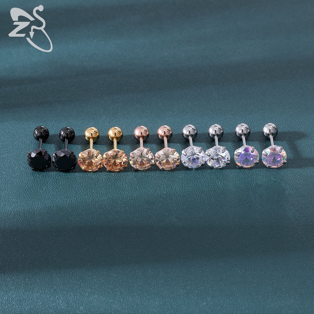 5 Pasang / Set Anting Stud Tindik Tulang Rawan Helix Kristal Cz Bentuk Bulat Bahan Stainless Steel 20g Warna Hitam Emas