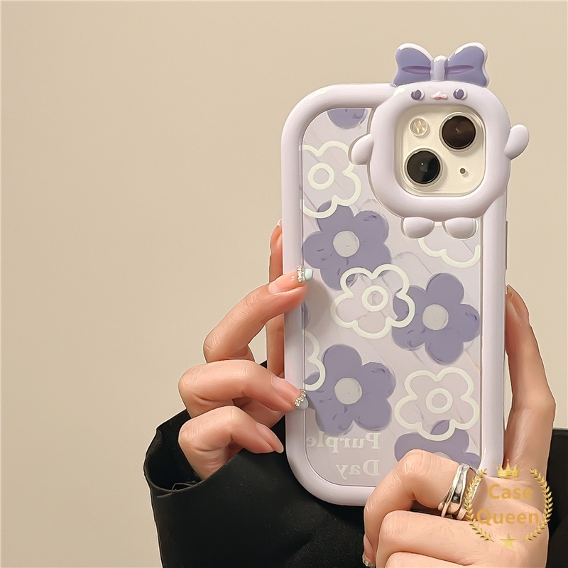 Case Oppo A17 A15 A7 A52 A92 A92 A96 A76 A5S A12 A3S A12E A53 A74 A95 A16K A17K A16E Reno5 5F 4F A16 A5 A9 A15s A57 A54 A31 A55 A16s Bow-knot Little Monster Lensa Ungu Flowers Cover