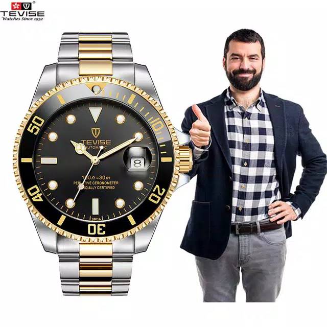 Jam Tangan Mekanik Automatic Tevise Submariner Silver Gold Black