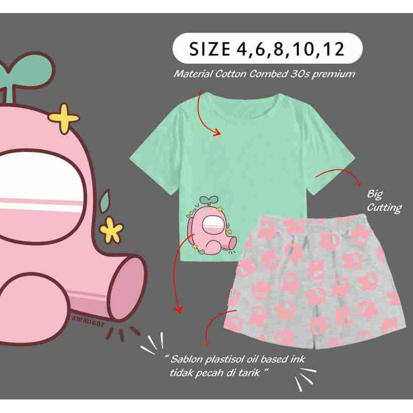 Setelan Kaos Anak Perempuan Ammigoz Motif Among Us Model Green Pink