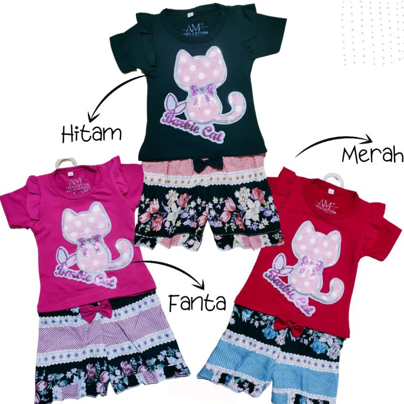 Setelan Anak Perempuan Size 1-5 tahun BARBIE CAT bahan Ducati Katun Spandek Premium