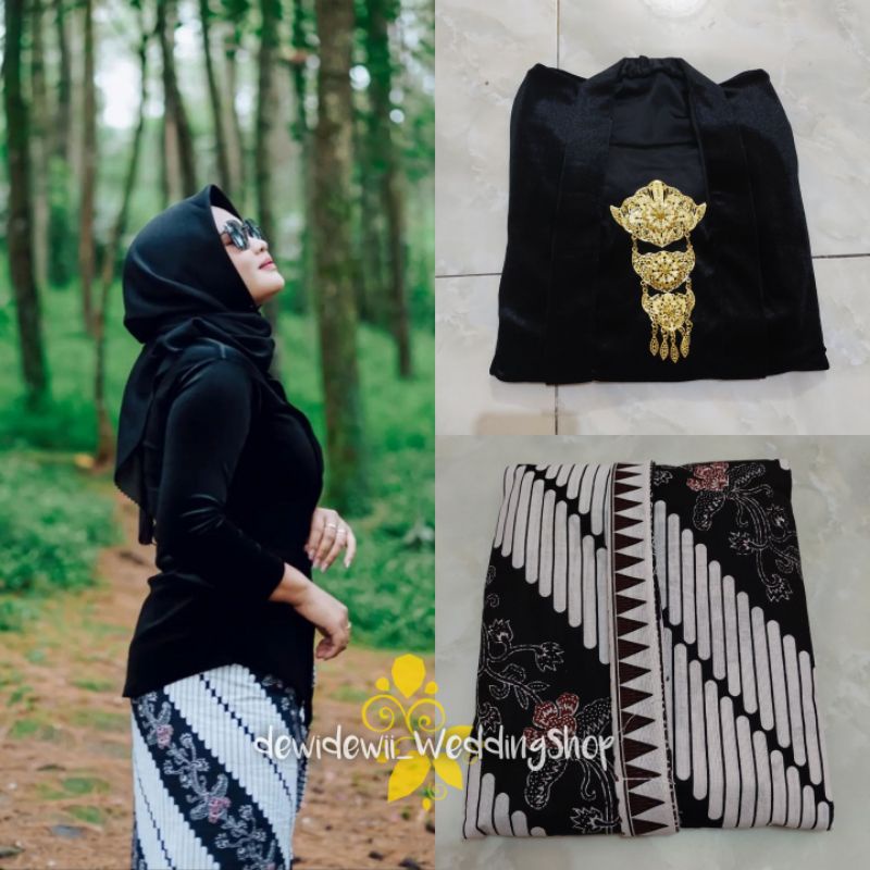 [1 Set] Kebaya + Jarik Instan / Nuansa Hitam Putih - Motif Lereng Stik