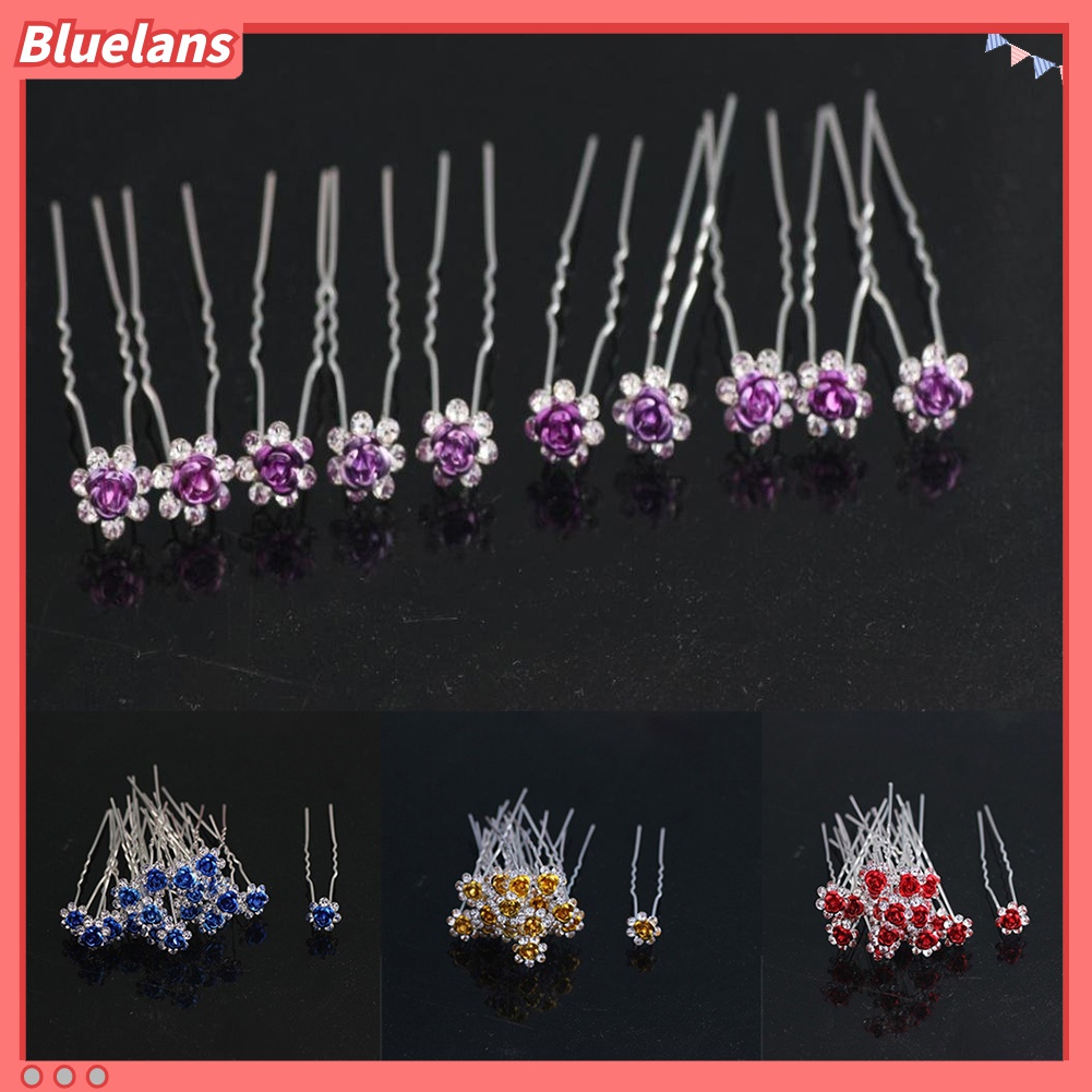 Bluelans 10pcs Jepit Rambut Bentuk Bunga Mawar Lapis Silver Aksen Berlian Imitasi Untuk Wanita