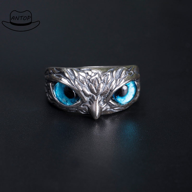 Vintage Style Burung Hantu Kristal Cincin Perak Hewan Pria Wanita Perhiasan Fashion Punk Crystal Rings ANTOP