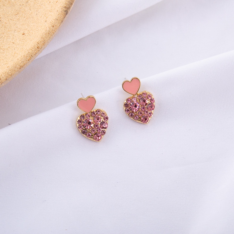 Anting 925 silver needle Bentuk Hati Aksen Berlian Warna pink