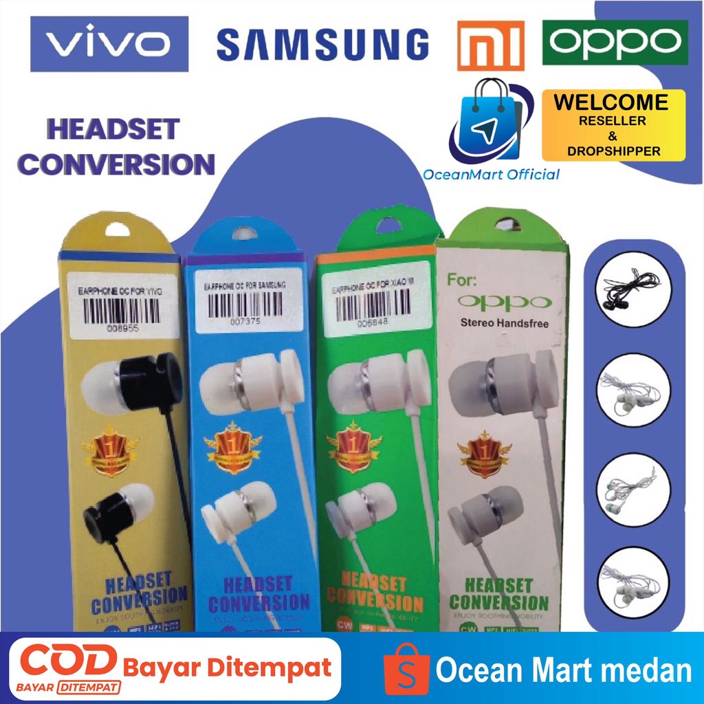 Headset Earphone Handsfree Branded OC For Oppo Samsung Xiaomi Vivo Audio Super Bass Jack 3.5mm Aksesoris Handphone HP OCEANMART OCEAN MART Murah   Grosir