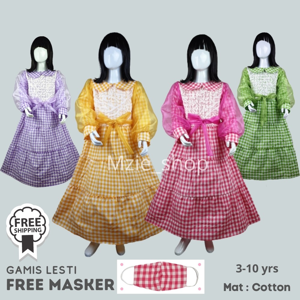 Fashion Muslim Anak Perempuan Terbaru | Gamis Lesti Tangan Balon Motif Kotak Gratis Masker