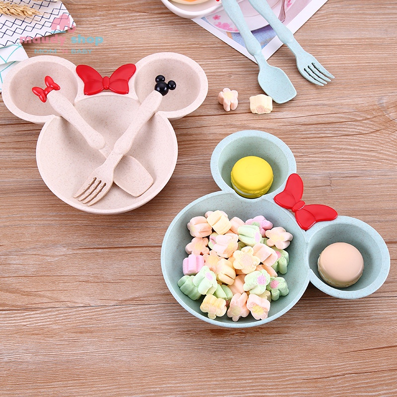 Set Piring Makan Bayi / Anak Karakter Mickey Minnie Mouse Piring Kartun Mickey Set Mangkok wheat