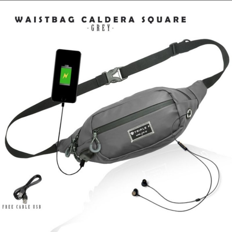 TAS SELEMPANG PRIA TERBARU WAISTBAG USB WATERPROOF ORIGINAL TRIPLE F - WB SQUARE BLACK