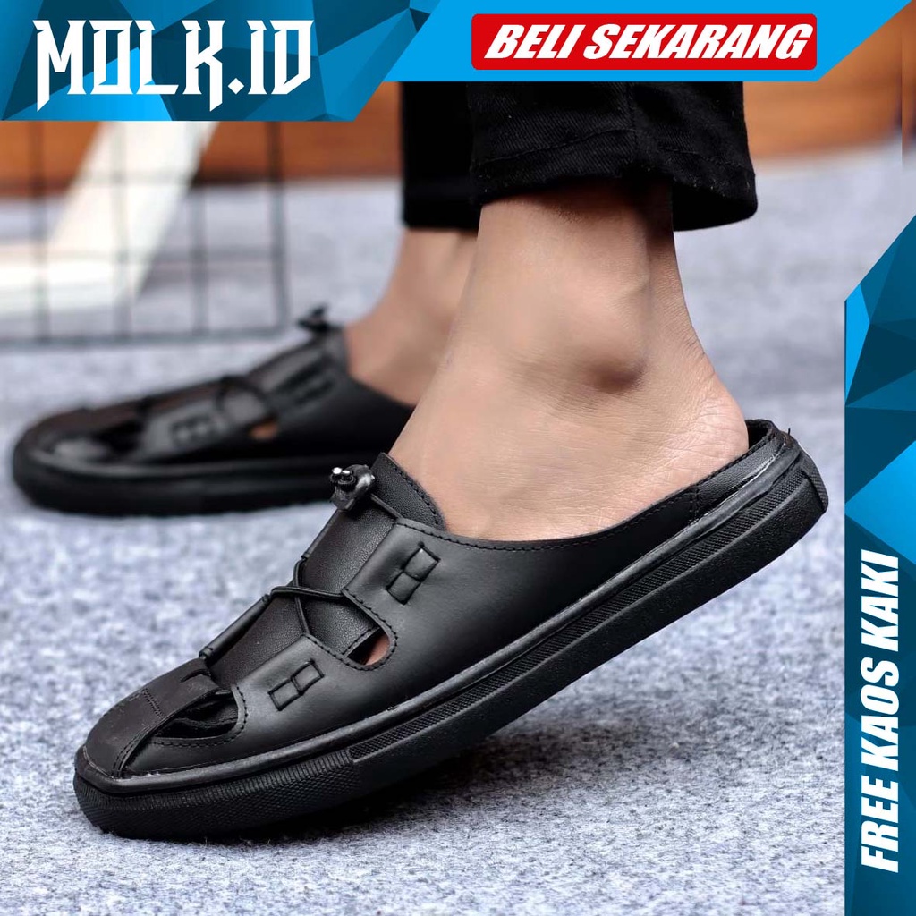 MOLK Sendal Pria Hitam Sandal Kasual Slop Pria Kulit Asli Sendal Bustong Pria Dewasa Trendy Kekinian