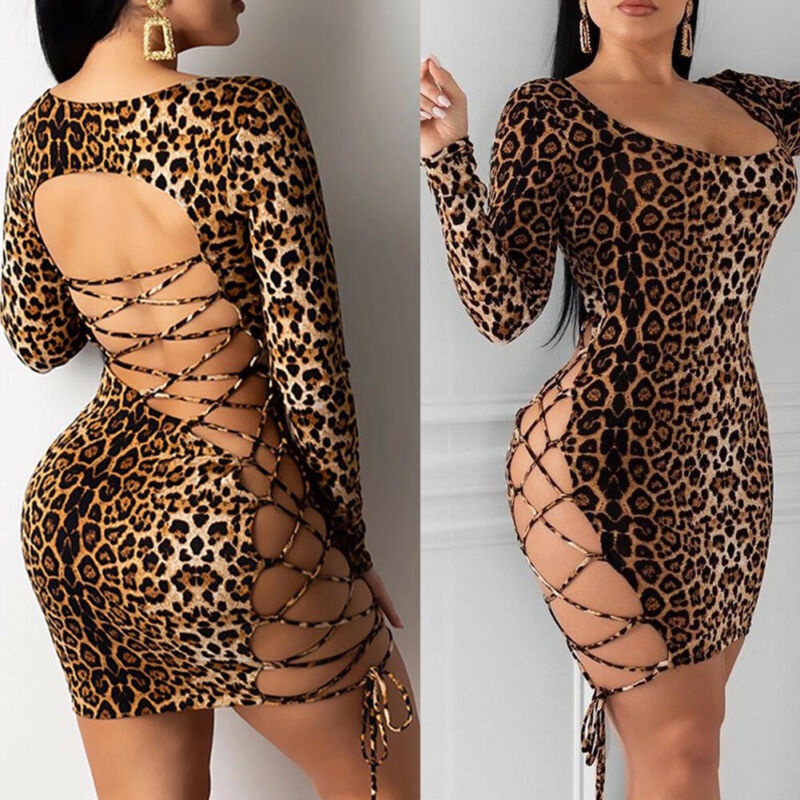 Hot Sale Women Sexy Long Sleeve Bandage Bodycon Party Club Mini Dress Female Leopard Sexy Criss Cros