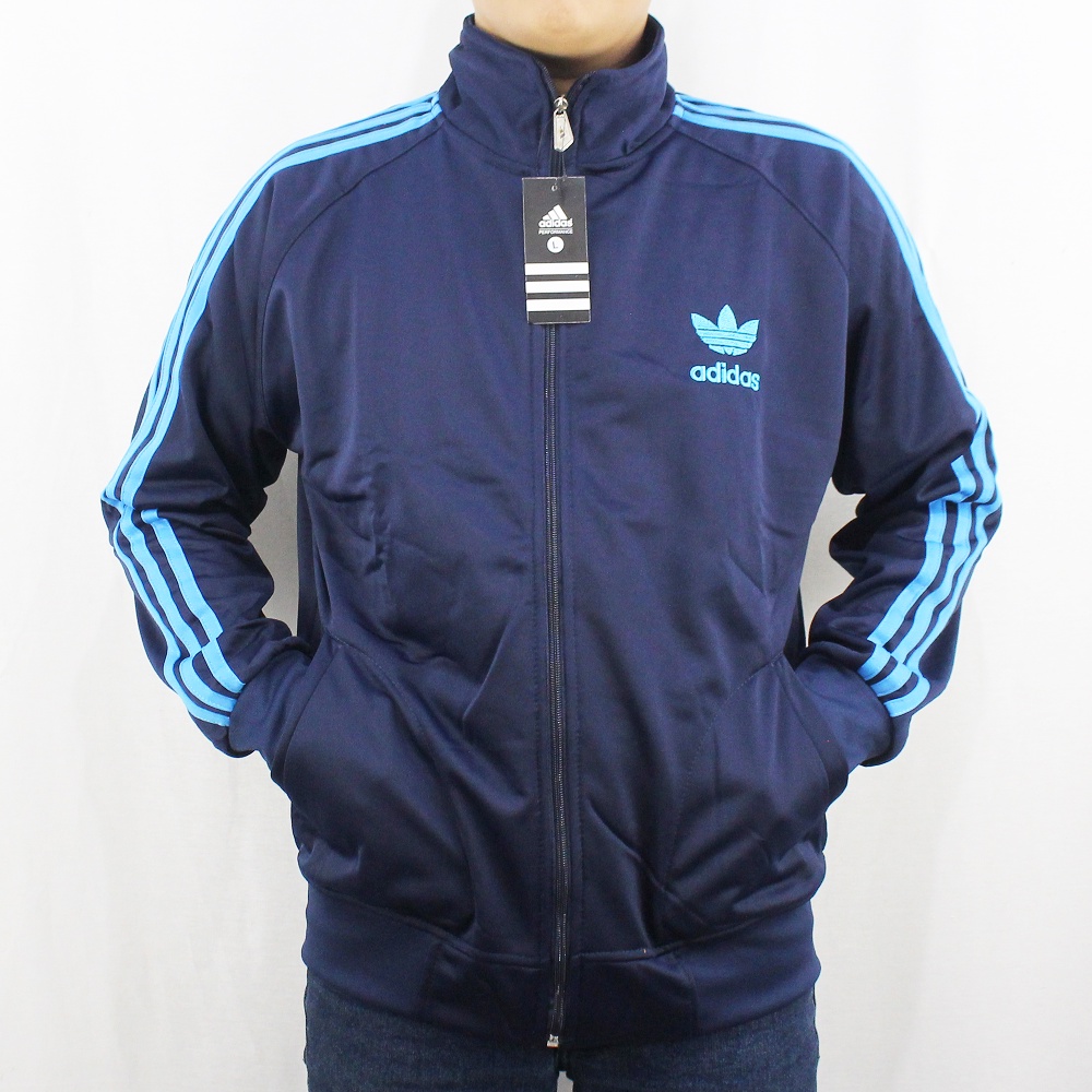 TRAINING OLAH RAGA PRIA M L XL - JAKET RUNNING ADIDAS - JAKET ADIDAS FIREBIRD NAVY LIST BIRU -