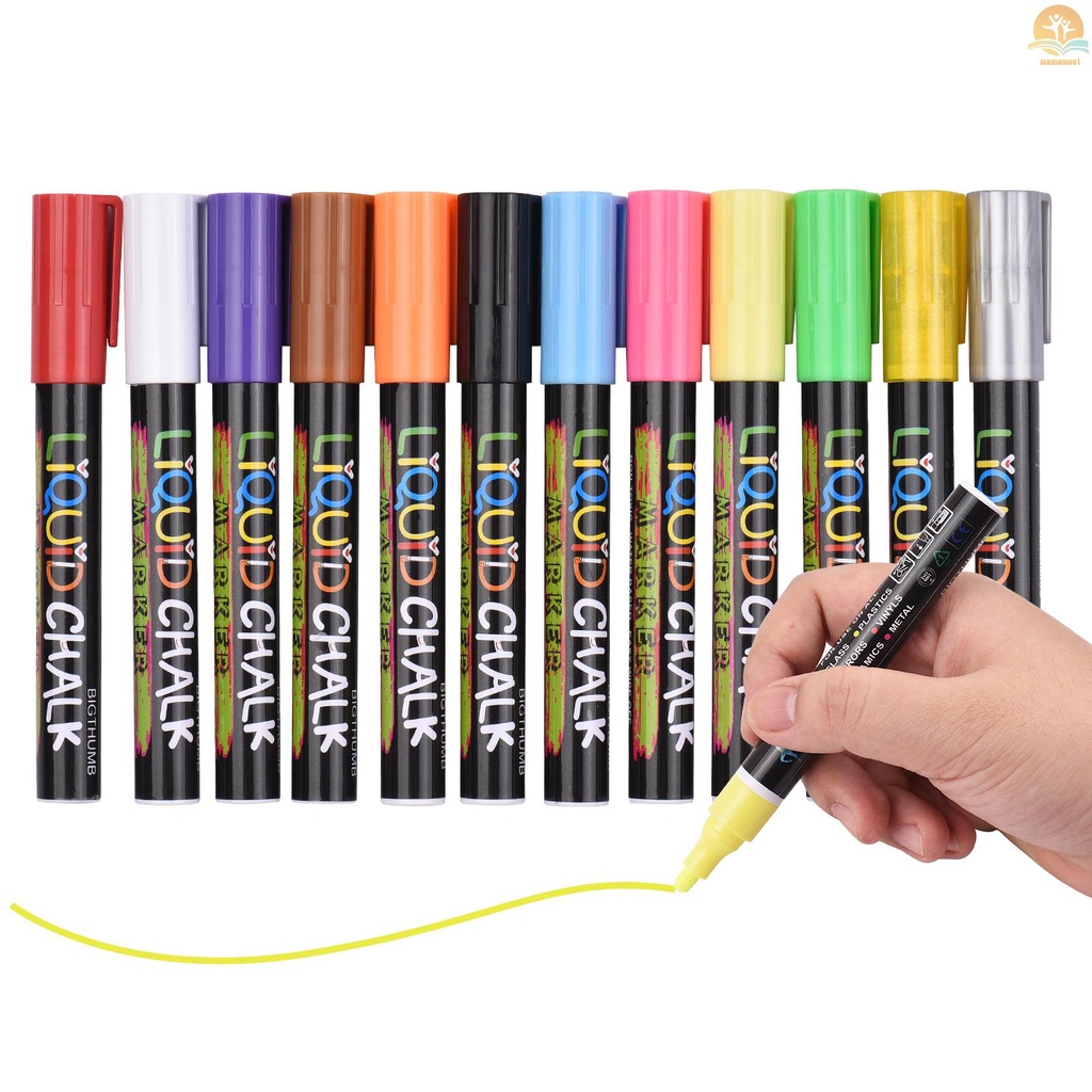 BIGTHUMB Liquid Chalk Markers 12 Vibrant Colors with 3mm Reversible Tip Erasable Water-based Chalkboards Marker Pens Non Toxic Quick Drying for Blackboard Glass Mirrors Office Home Restaurants Supplies