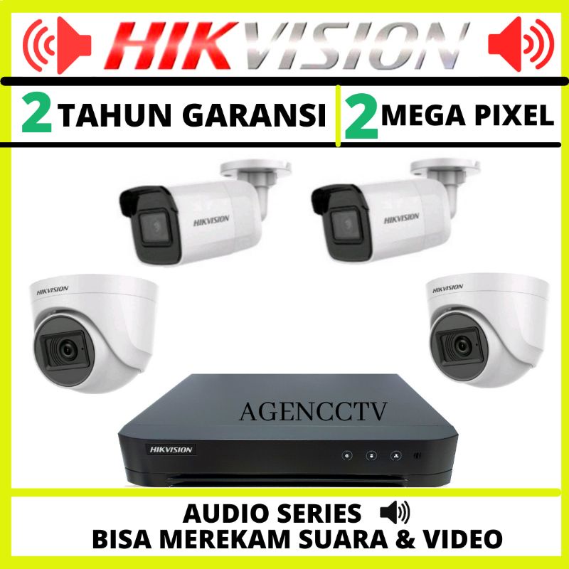 paket cctv hikvision 4 channel 4 kamera 2mp audio series komplit( 2indoor 2outdoor)