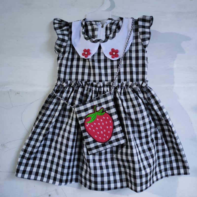 Dress anak 1 2 tahun motif kotak bonus tas baju anak cewek gaun anak perempuan ( dress kotakia tas )