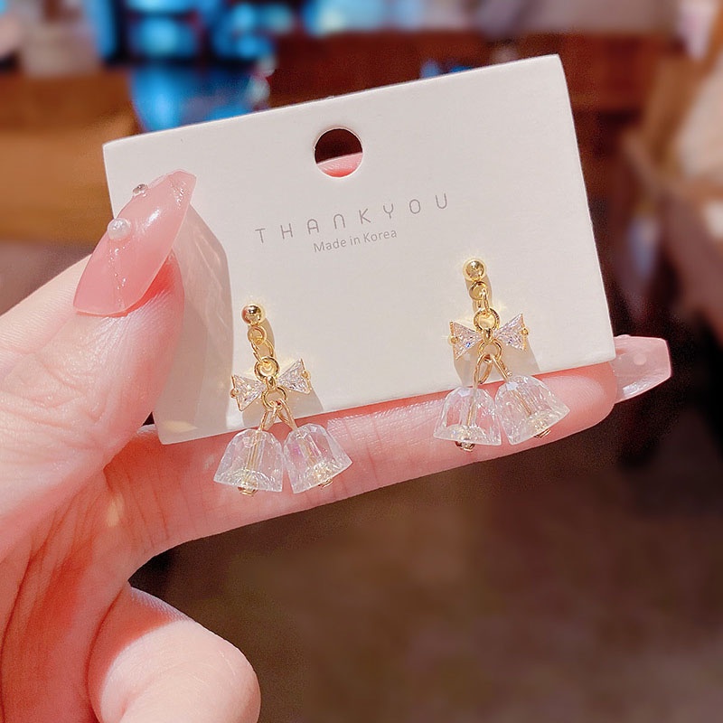 Anting Tusuk Sterling silver 925 Desain Lonceng Hias Kristal Zircon Mewah Untuk Wanita