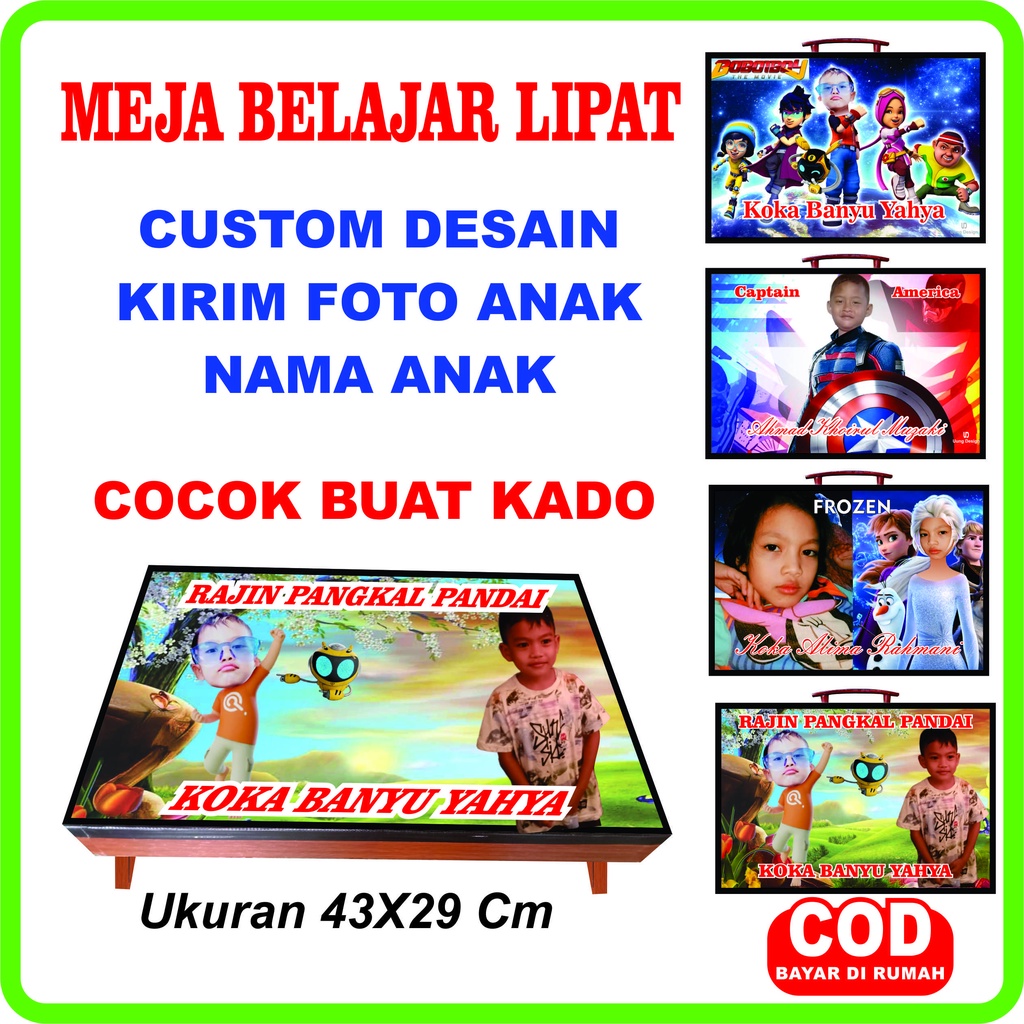 Meja Belajar Lipat Anak,Custom Desain Gambar,Stiker Anti Luntur Bahan Mdf Padat