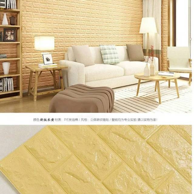 Wallpaper dinding modern foam embos bata kuning 3D murah ukuran 70cm x 77 cm terbagus minimalisindah