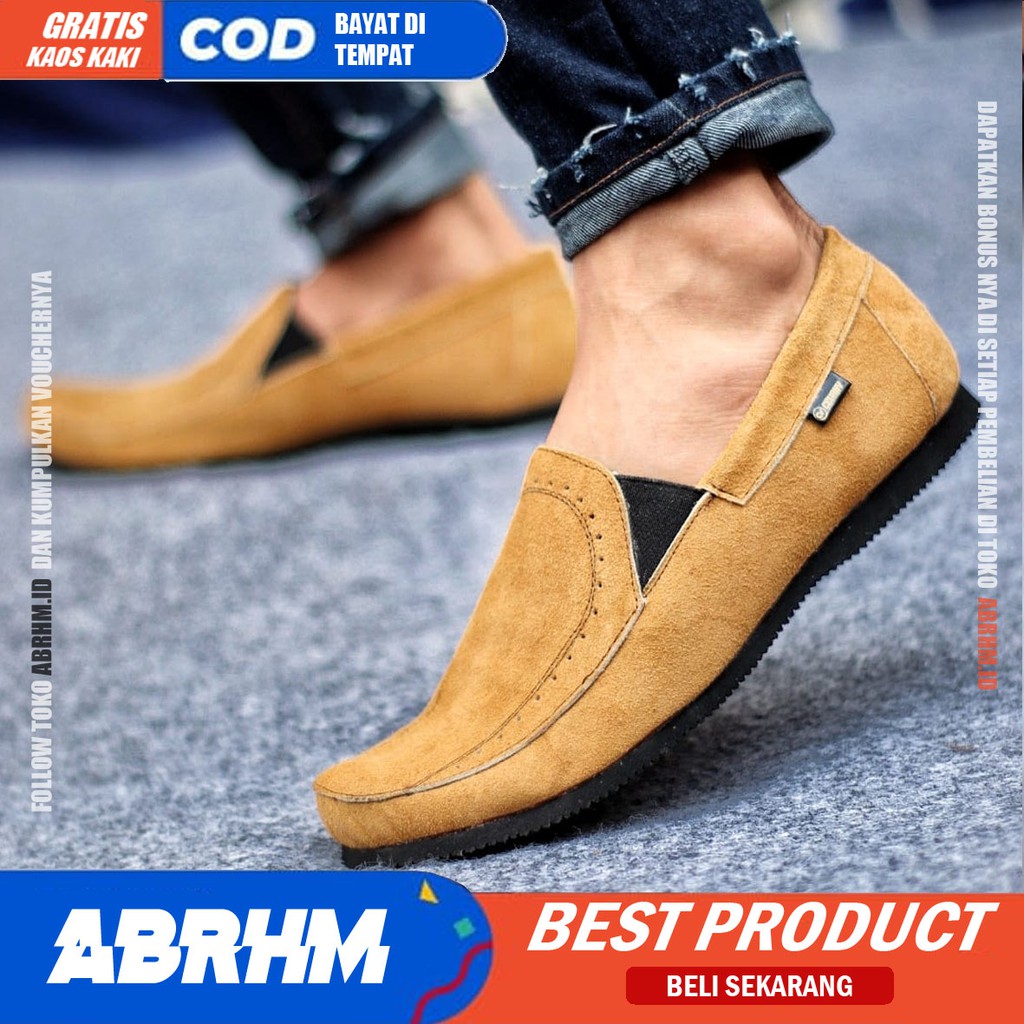 ABRHM X JESTR Sepatu kasual Pria Sepatu Pria Casual Kantor Kerja Kulit Suede Leather Sepatu Slop Anti Slip Sepatu  Kuliah Kondangan Gaya keren Kekinian Murah Terlaris