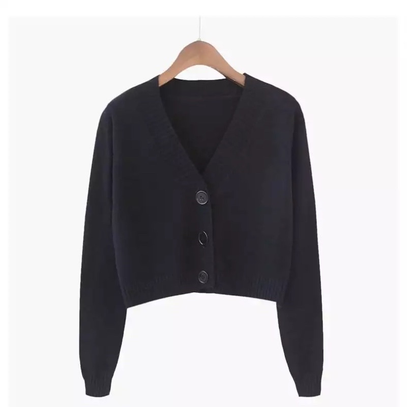 Rajutan Crop Cardigan Wanita Pendek Korea Lengan Panjang Leher V Neck