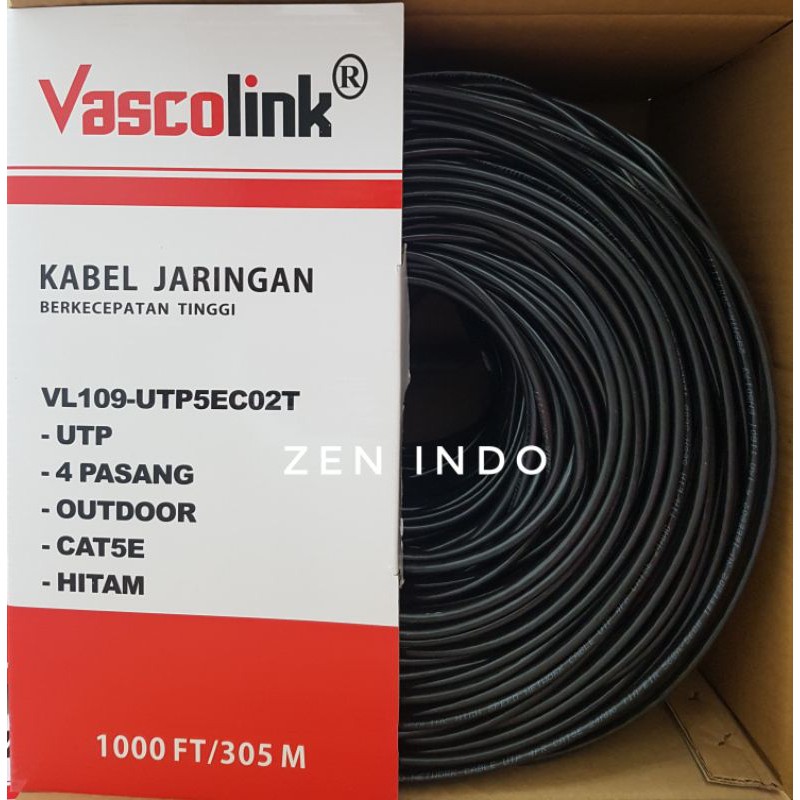 Kabel LAN Outdoor UTP Cat5e 305 Meter Vascolink warna Hitam Black