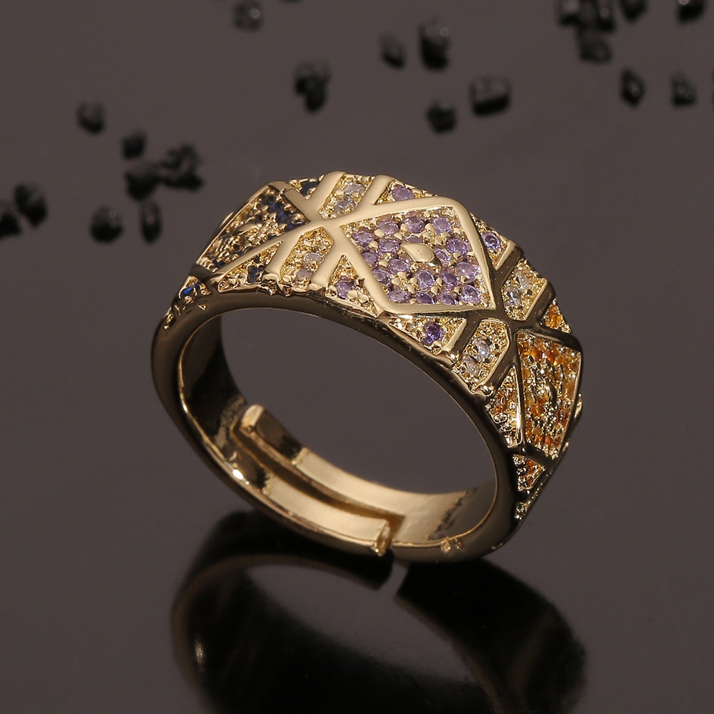 Ornamen tembaga berlapis emas mikro bertatahkan zirkon berlian cincin elegan geometris ekor cincin