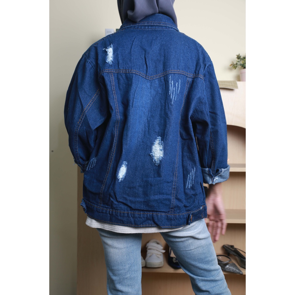 HOPYLOVY - Jaket Jeans Oversize Wanita Model Sobek Karina Ripped Biru Tua