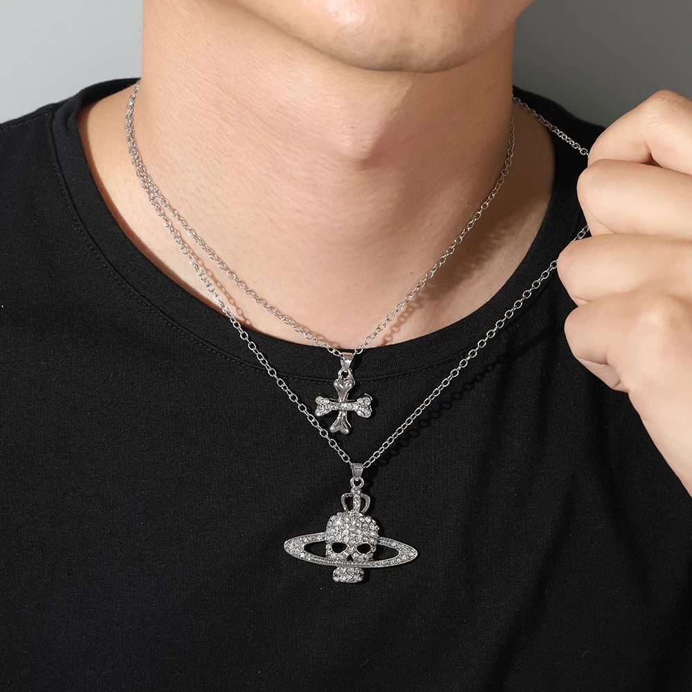 Kalung Rantai Liontin Salib Tengkorak Saturnus Burung Hantu Bahan Titanium Steel Gaya Punk Korea Untuk Pria