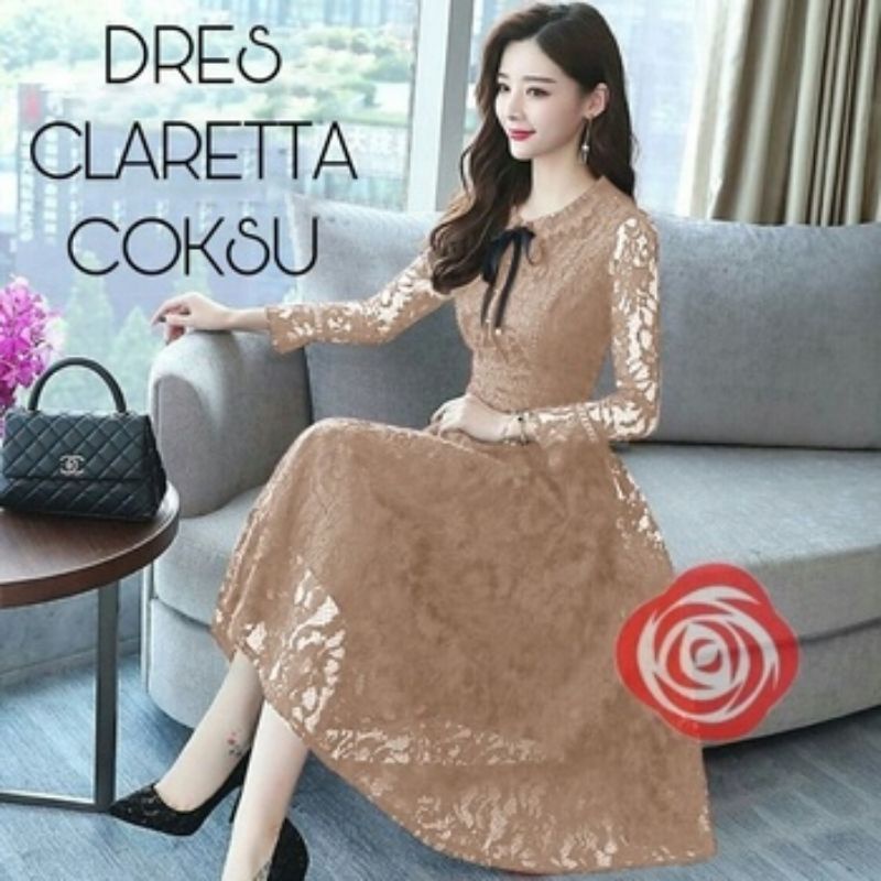 Dress Brukat Brokat Polos Pita Lengan Trompet Korea Kondangan Terbaru Rezuna Fashion Wanita Dress Na