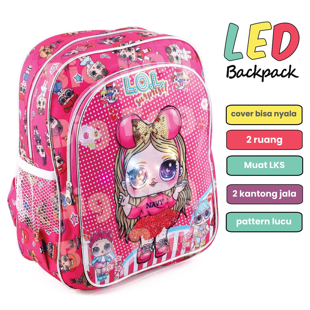 PTS - Ransel Sekolah Anak Perempuan UKURAN TK FULL PATTERN DOTTIES - RANSEL LED - LED BACKPACK - LOL SURPRISE