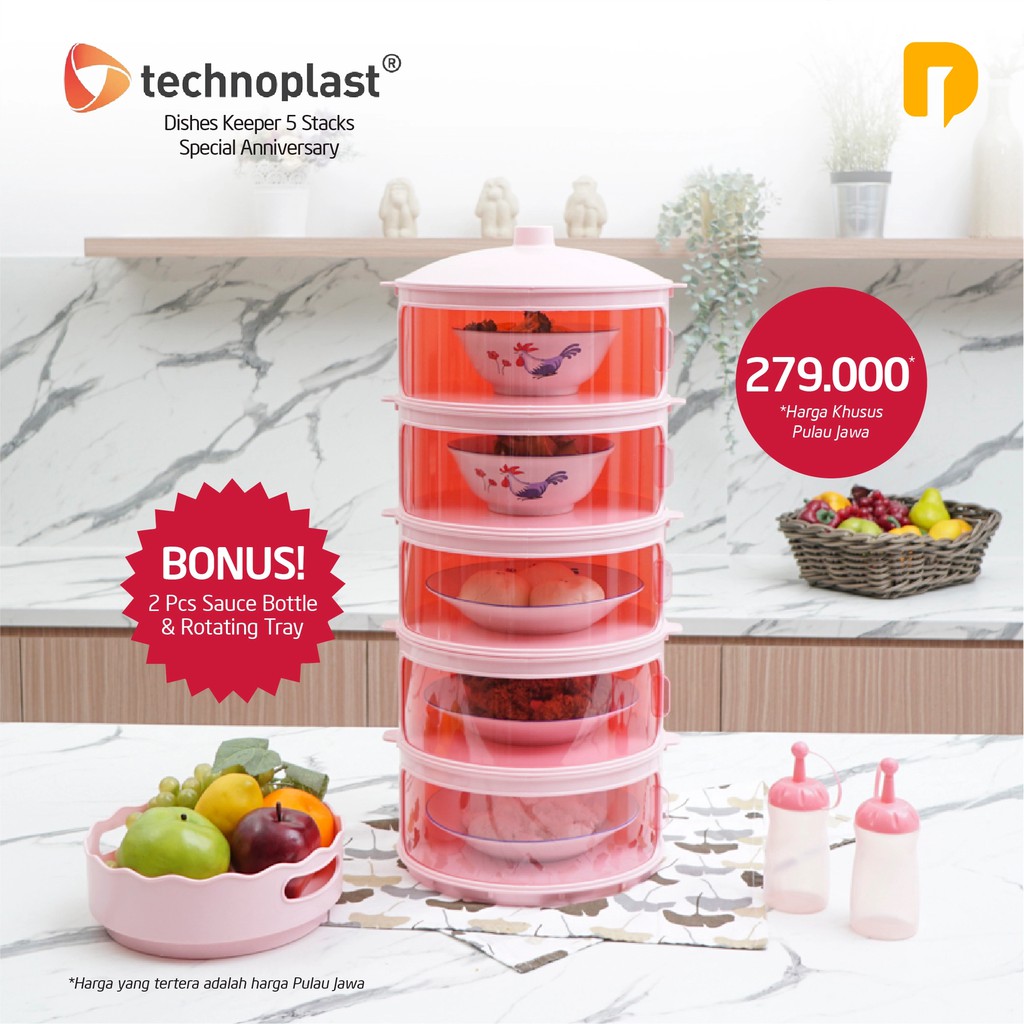 RANEEN - Technoplast Dishes Keeper Set 5 Stacks PINK / Food storage Rak Susun Penyimpanan Makanan 5 