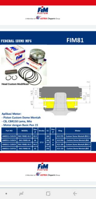 Piston seher set mentah mio tiger byson gl pro neotech cbr 150 lama 63,5 64 64,5 65 pin 15 fim 81-2