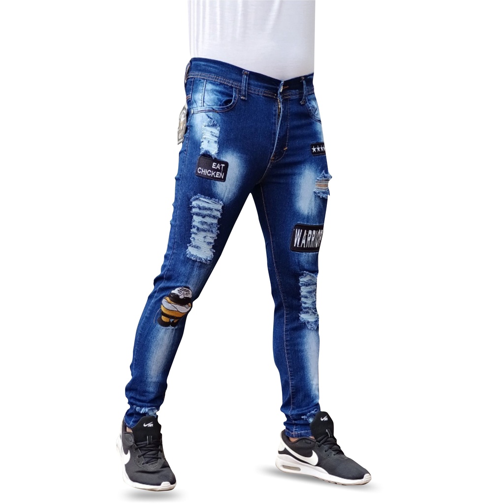 Celana Jeans Pria Ripped Emblem Sobek Lepis Premium Lepis Panjang Jins Crop Robek Lutut Premium