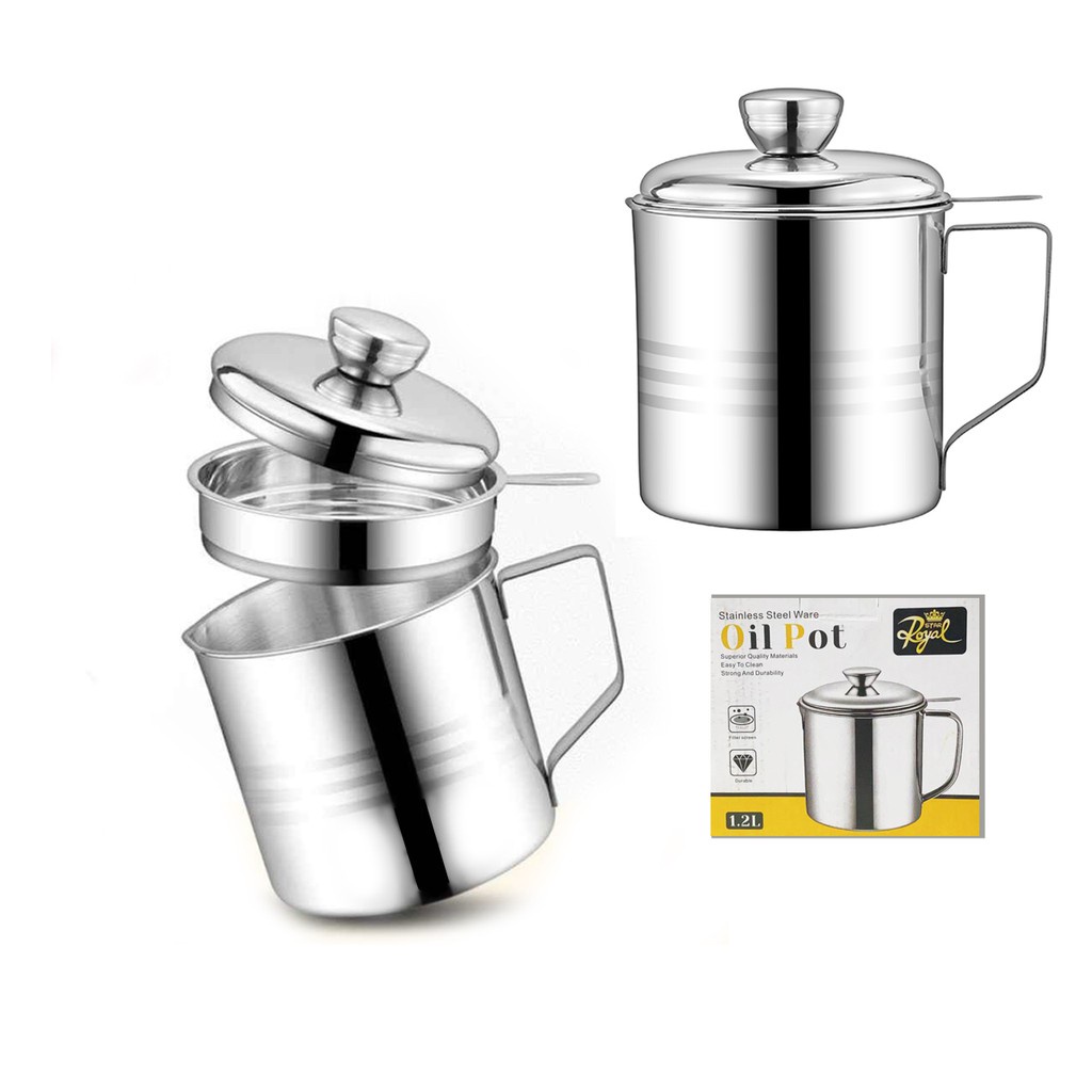 Oil Pot Stainless 1.2L + Saringan + Tutup Wadah Minyak / Saringan Minyak Teh Kopi Gelas Mug Serbaguna