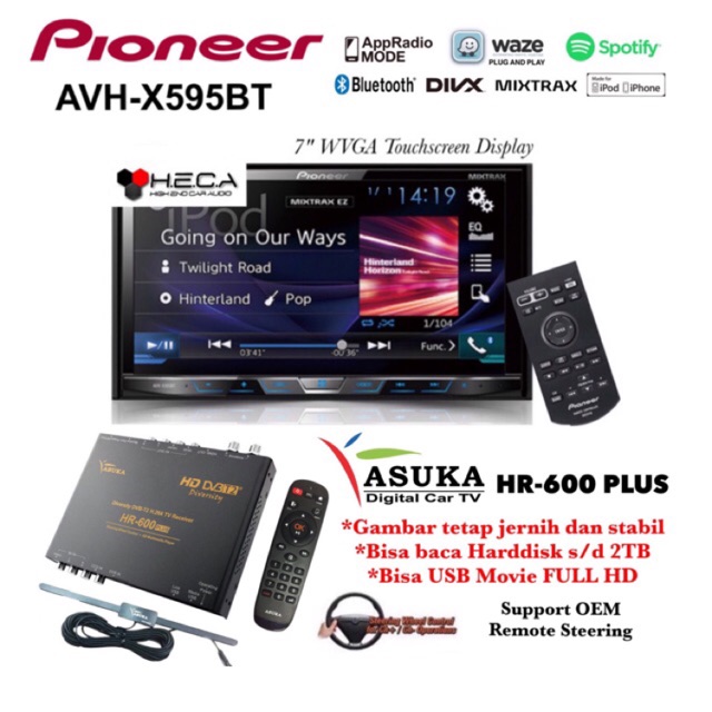 PAKET Pioneer AVH-X595BT Head Unit Double Din Tape Mobil AVH X595BT & ASUKA HR-600 TV Tuner Digital