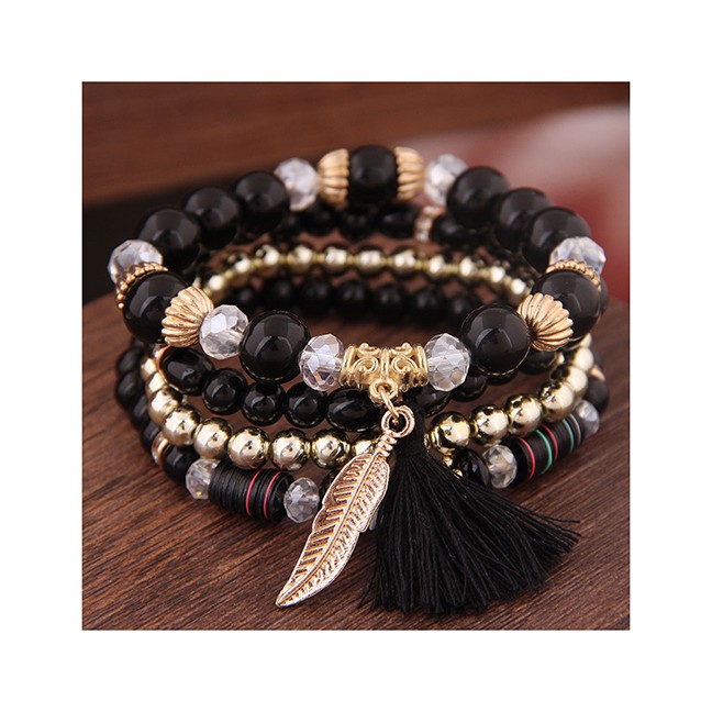 LRC Gelang Fashion Acrylic Beaded Fringe Leaf Multilayer Bracelet A59542