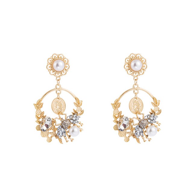 LRC Anting Tusuk Fashion Pearl Flower Portrait Geometry Cutout Earrings With Diamonds D94904