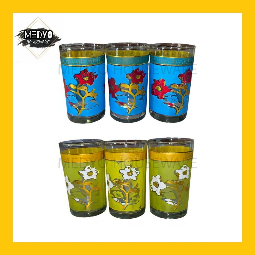 Gelas Lebaran Set B Warna Bunga 6 Pcs / Gelas Cangkir Minum Set Kaca Isi 6