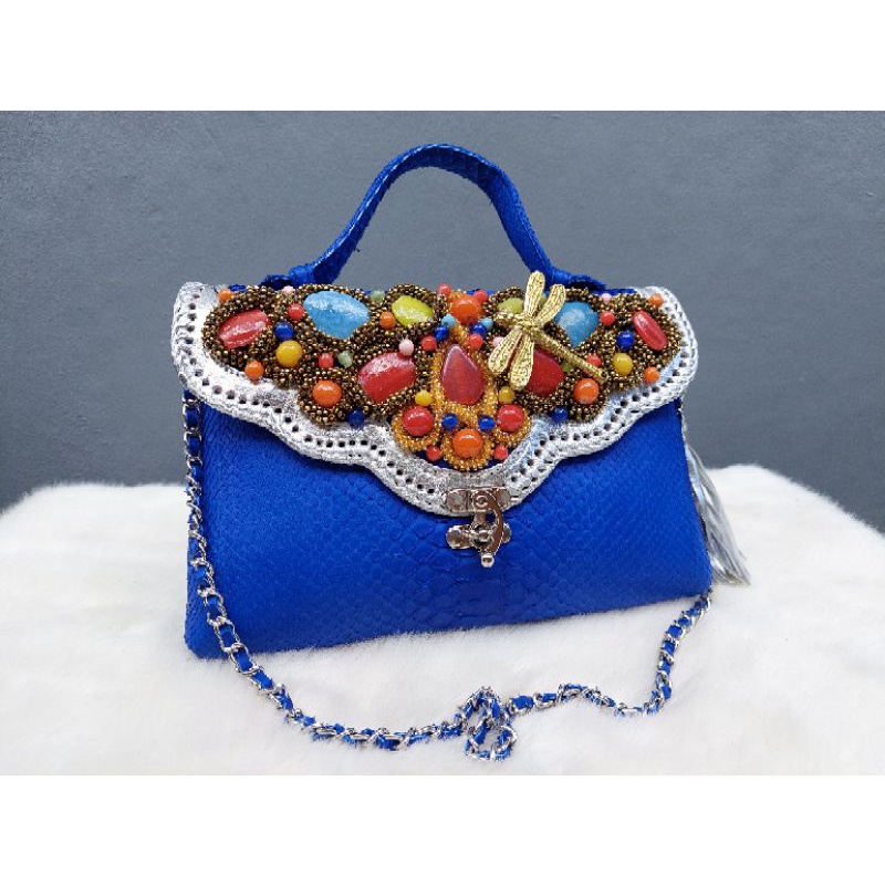 Clutch Pesta Maia Size S Warna Biru Elektrik - Clutch Model Awan Asli Tas Kulit Ular Phyton