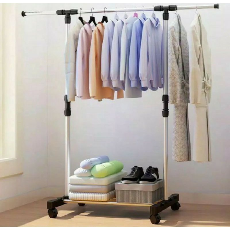 Stand Hanger Single Pole Gantungan Jemuran Baju Serbaguna Dengan Roda