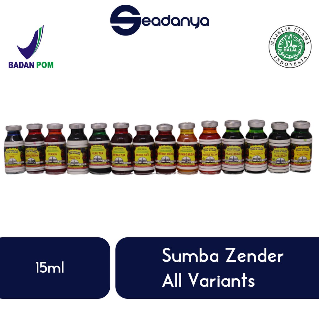 

Sumba Zender Pewarna makanan 15ml Halal MUI BPOM - Harga Promo