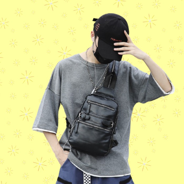 BS73 Tas Selempang Kulit Pria Ransel Tas Pria Usb Multifungsi