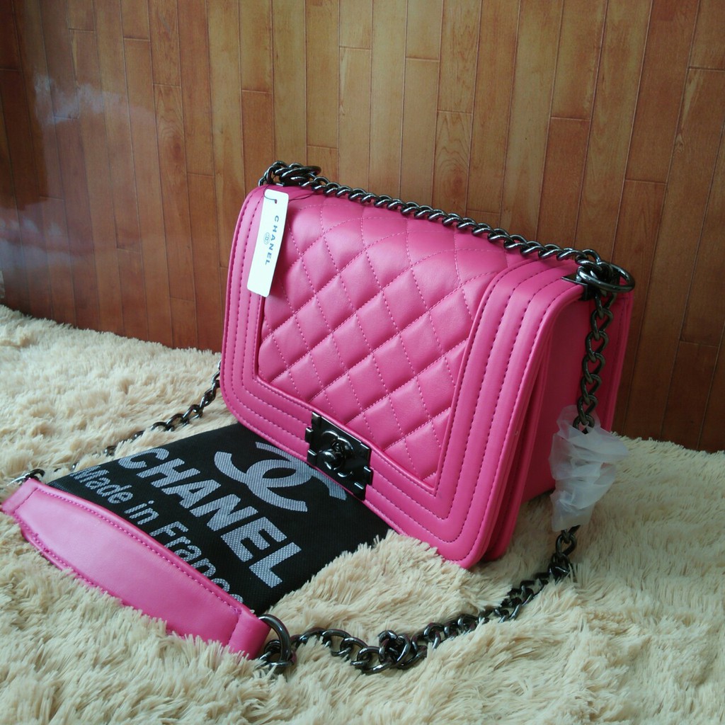 Hot Sale Tas Slempang Rantai Wanita Branded Chanel Boy Mini 25 Warna Pink Fanta