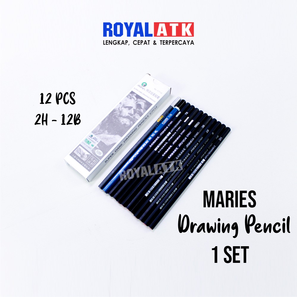 

[12 Pcs] 1 Set Maries Drawing Pencil 2H-14B - 1 Set Pensil Gambar