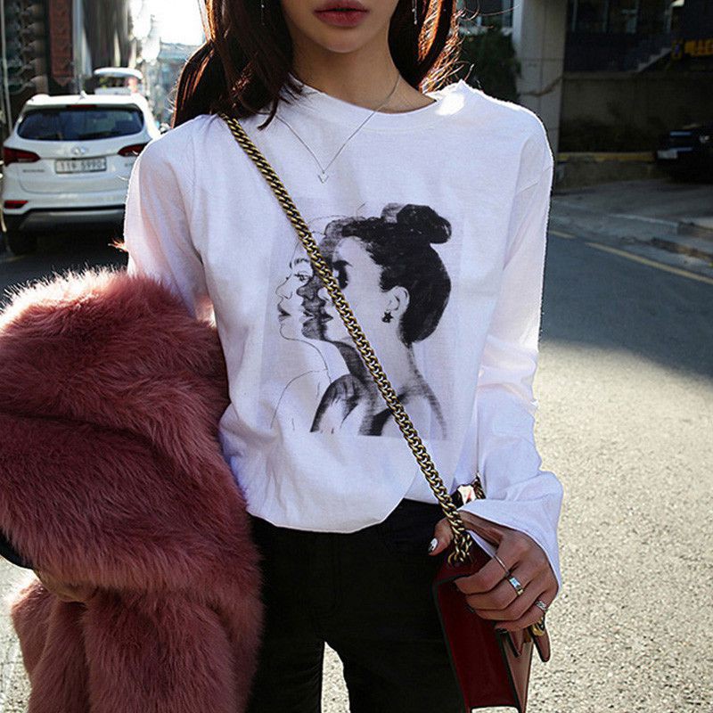 Kaos T-Shirt Round Neck Lengan    Panjang Motif Print Kartun