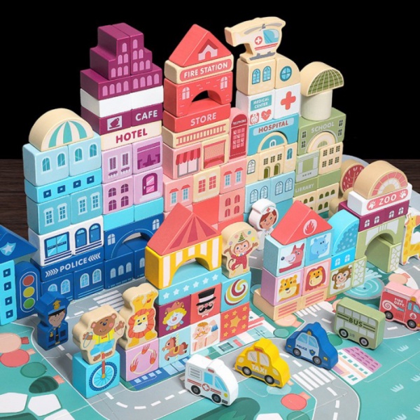 

100 pcs CITY BLOCK BUILDING WOODEN MAINAN EDUKASI BALOK SUSUN ANAK - 1 ember Limited