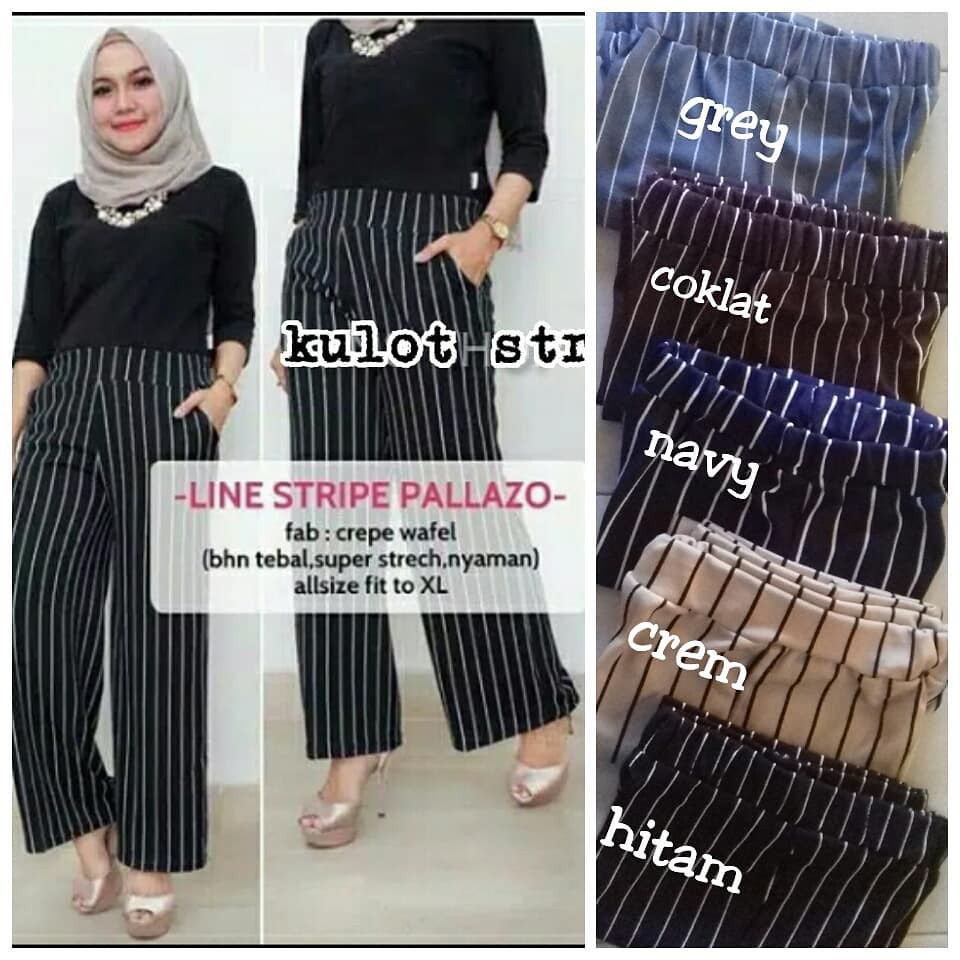 [PAKET USAHA] GROSIR - Celana Kulot Wanita Panjang / Kulot Polos Salur Stripe Bahan Crepe Tebal Murah