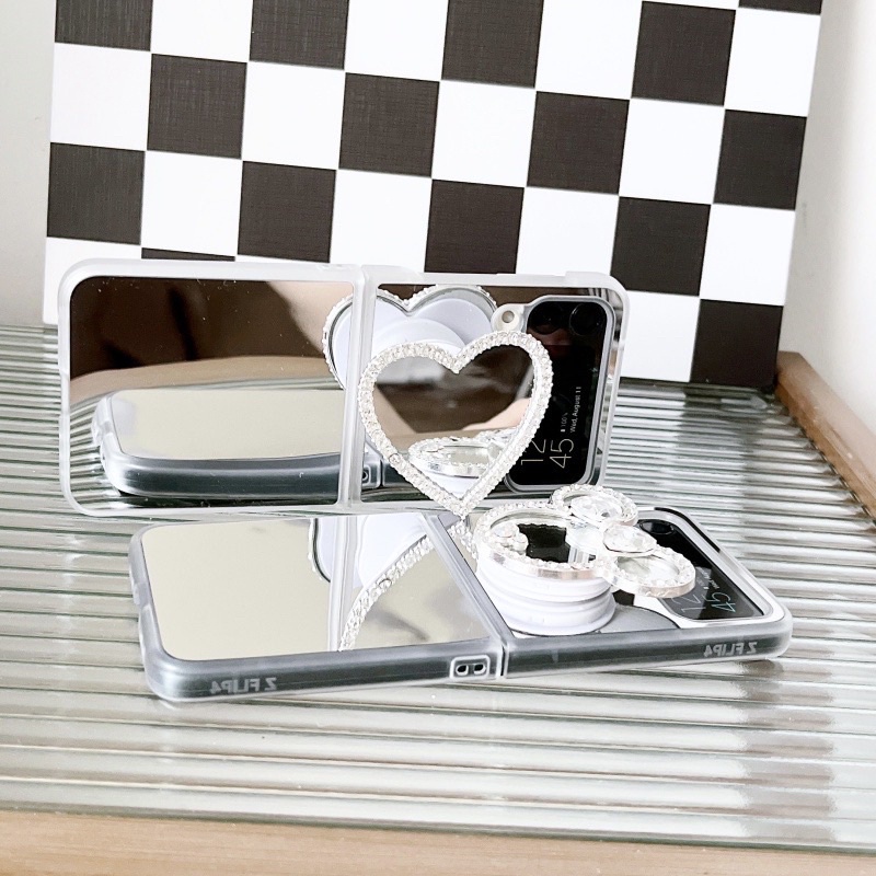 READY! Casing Hard Case Flip 3 / 4 Anti knock Dengan Cermin Untuk Samsung Galaxy Z Motif Hati