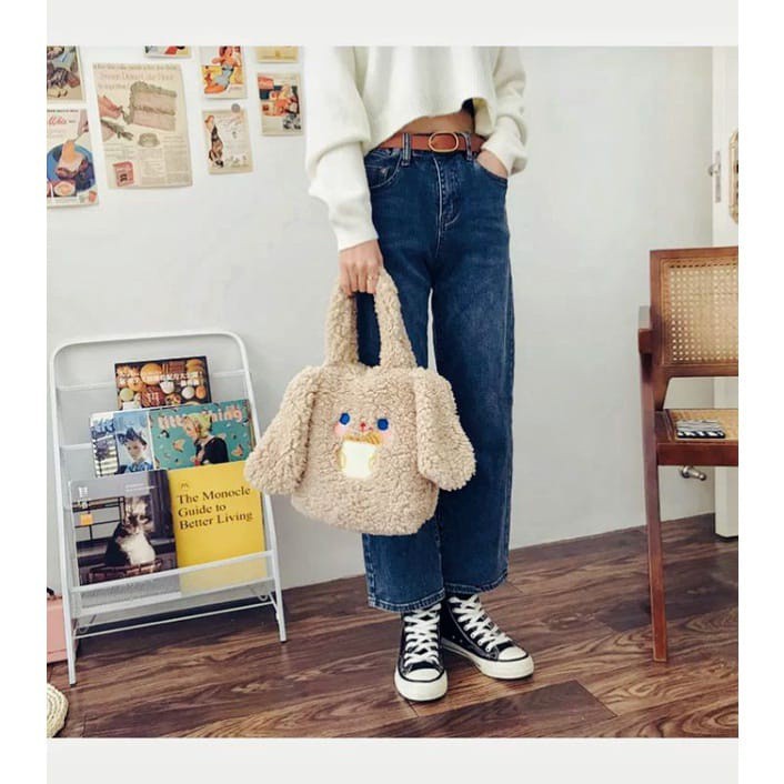 Terlaris Tas Totebag kelinci bulu lucu imut / Bulu Wanita Tote Bag Kekinian korea in style Tote Bulu Motif Karakter Lucu BISA COD